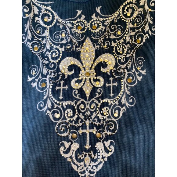 Womens M Blue Tie-Dye Tunic Top With Rhinestone Fleur-De-Lis & Cross Design By C - Picture 4 of 5